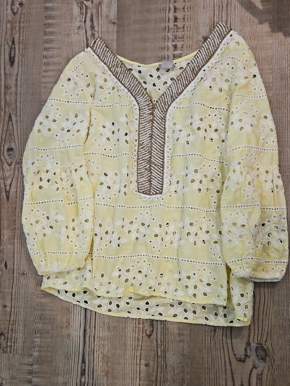 Chico's Pale Yellow Eyelet Tunic with Embroidered V-Trim